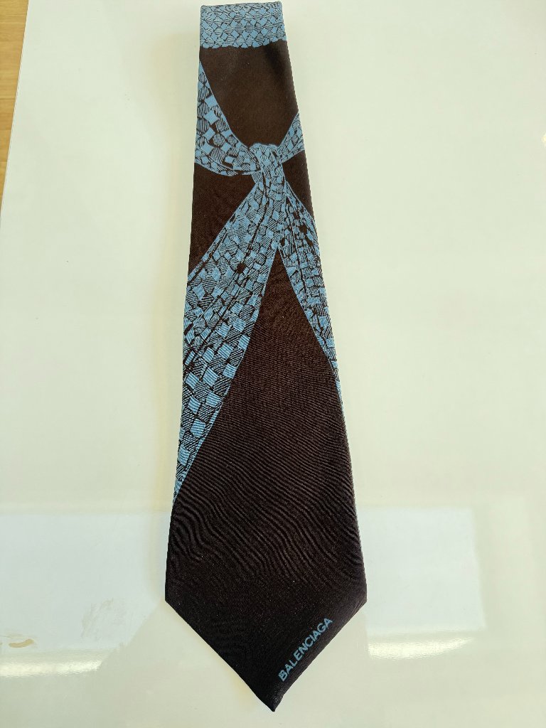 Balenciaga Paris Vintage Silk Tie Brown Blue Trompe L'oeil Geometric Cross Knot
